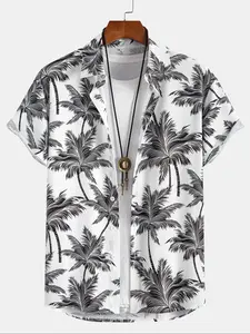 Men's Palm Tree Print Short Sleeve Collared Shirt, Regular Fit Casual Tropical Print Button Up Top for Summer, Fashion Men's Clothes for Beach Vacation