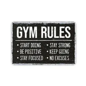Gym Rules Sign, Rustic Contemporary Modern Farmhouse Metal Wall Decor, Motivational Workout Theme Vintage Novelty Gift, 12"x8"