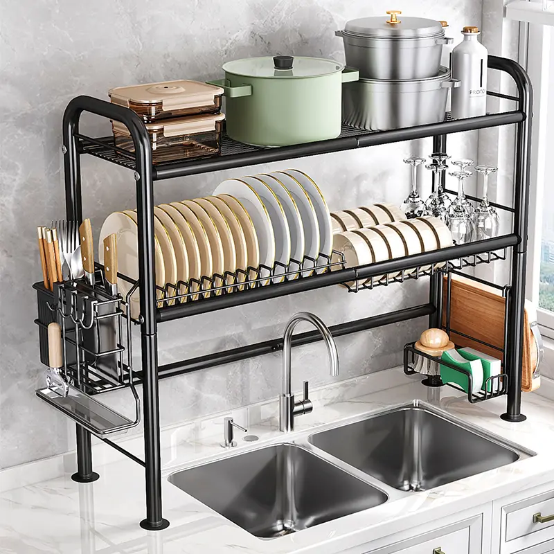 2-Tier Over The Sink Dish Drying Rack Carbon Steel Space Saver Kitchen Organization Aesthetic Countertop Dish Drainer Storage Shelf Organizer 33.66"