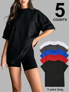 Women's Casual Short Sleeve T-Shirt Set, 5/7 Pieces, Plain Design, Spring & Fall, Yoga, Running, Streetwear, Retro Style, Versatile, Fitness Training Top