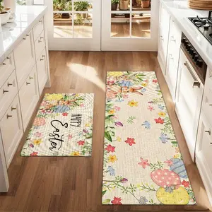 2Pcs Spring Flowers and Rabbits Easter Floor mat set including farmhouse kitchen Rug dining room flooring laundry room decorative carpet mat