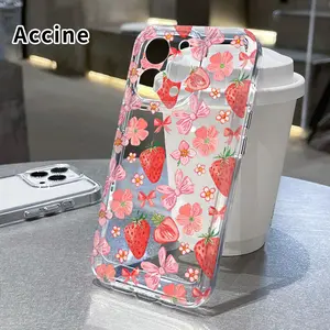 Compatible with iPhone 16 15 Pro Max Plus 14 13 12 11 X XR Strawberry Floral Bow shockproof Non-Yellowing Crystal Transparent soft case