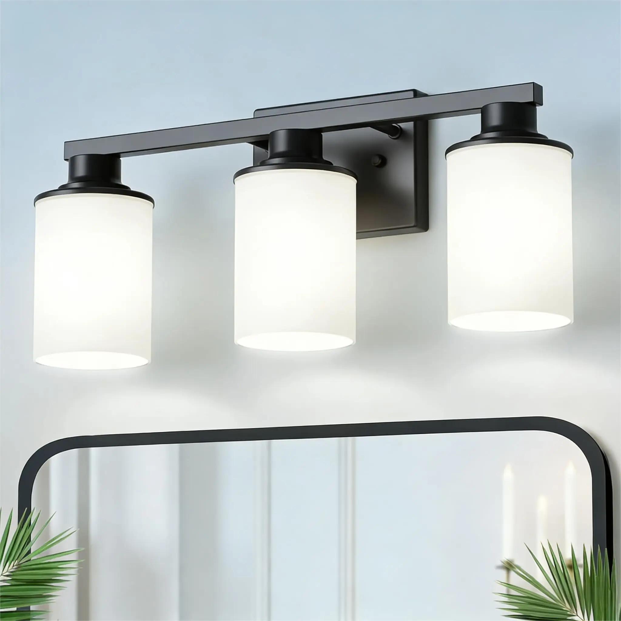 DORESshop 17-Inch 3-Light Black Contemporary Vanity Light with Milk Glass Shade, Metal Frame Wall Sconce - Water Resistant, DIY User-Friendly for Bathroom Over Mirror, Bedroom Indoor Lighting