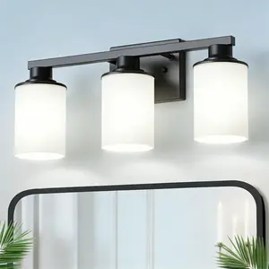 DORESshop 17 Inch 3-Light Black Vanity Light, Milk Glass Shade Bathroom Wall Lamp Over Mirror for Bedroom Living Room