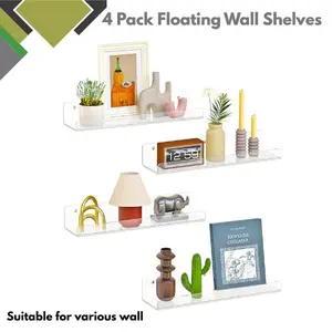 4 Pack Floating Wall Shelves – 15" Clear Acrylic Display Shelves for Bedroom, Bathroom, Kitchen, Living Room, Classroom, Home Decor Organizer