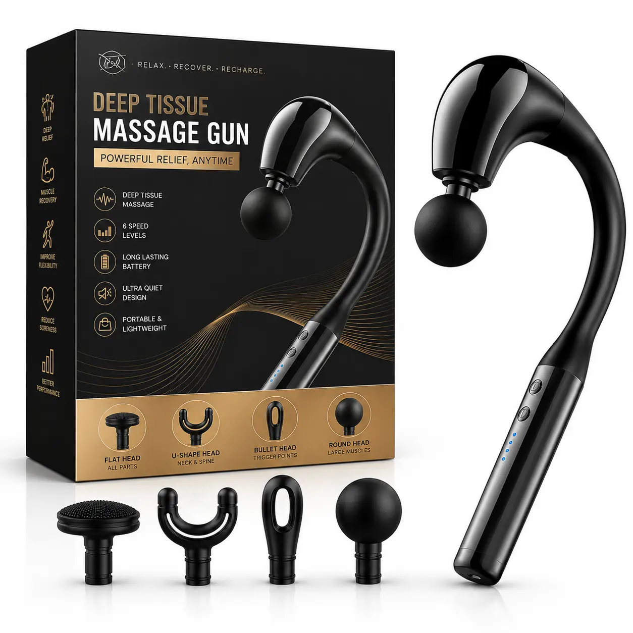 U-Shaped Therapy Massage Gun with Extended Handle - Deep Tissue Handheld Percussion Massager for Back Pain Relief, Neck & Shoulder - Ergonomic Hammer with 4 Heads, 5 Speeds