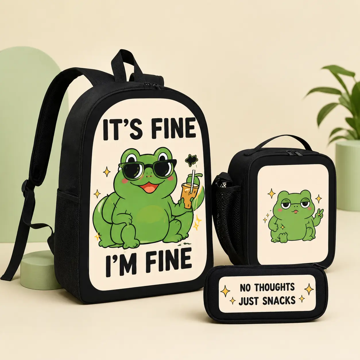 3-Piece School Backpack Set with Insulated Lunch Bag & Pencil Case, 17-Inch Black Cute Frog Backpack for Students, Back to School