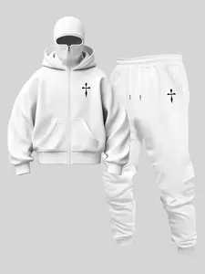 Men's Trendy Hooded Sweatshirt Set, Pullover Zip Design, Geometric Print, Casual Style, Fall & Winter Daily Wear