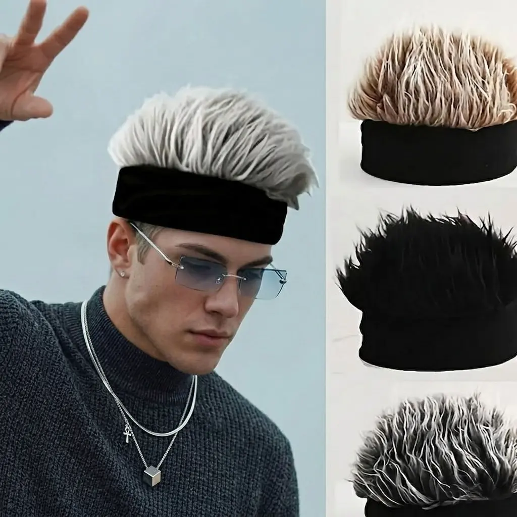 Men's Funky Faux Fur Knit Beanie Hat Hip-Hop Style No Brim Black & White Design Warm Winter Cap Unisex Streetwear Gift Soft Comfortable Trendy Urban Fashion Unique Statement Piece