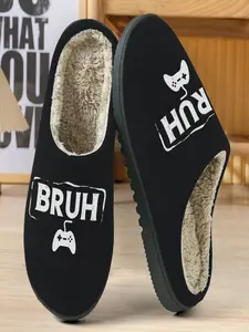 Game Style Bruh Cotton Slippers, Plush Lining Super Warm, Handle Printed + Cool Letters, Casual Home Gaming Shoes