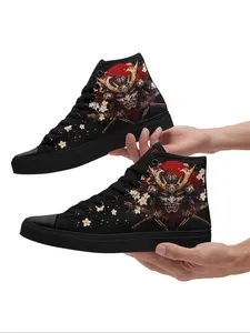Men's Samurai Sakura Print Lace Up Front Sneakers, Casual Comfortable Breathable Sports Running Shoes, Couple Male All-match Round Toe Shoes for Daily Wear