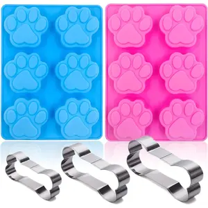 Set of 5, 2 Packs Silicone Molds For Puppy Dog Paw and 3 Packs Stainless Steel Bone Cookie Cutter, for Homemade Treats and For Cat, Dog Animal Paw Ice Candy, Dog Treats, Cake Baking Mold (Blue Pink)