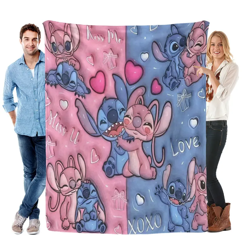 Disney Stitch Couple Photo Blanket Pink & Blue Designs with Heart Patterns and Miss U Love Texts for Cozy Cuddling