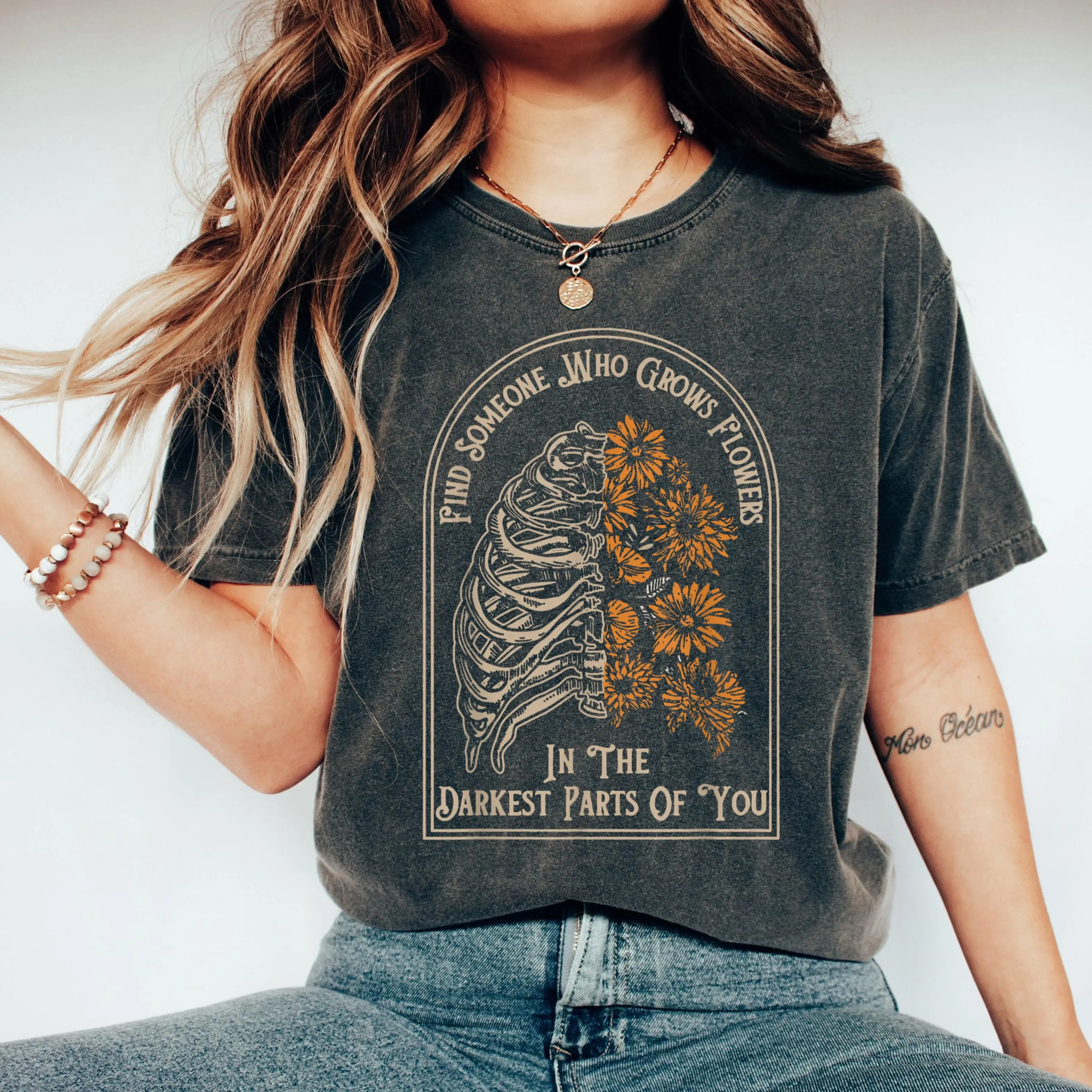 Find Someone Who Grows Flowers In The Darkest Parts Of You T-Shirt, Inspirational Growth Quote Tee, Vintage Floral Aesthetic Shirt, Motivational Self Love Graphic Tee, Positive Message Shirt