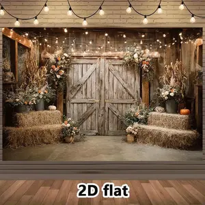 2D Flat Photo Booth Props, Farmhouse Background Banner with Haystacks, Lightweight Polyester for Weddings, Birthdays, Thanksgiving, Fall Parties, Party Decorations Banners