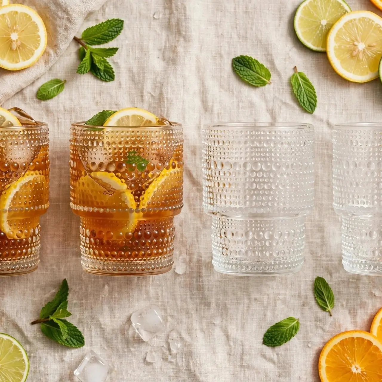 Beaded Hobnail Drinking Glasses – 7 oz Stackable Tumblers - Set of 8
