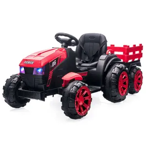 Red 12V Kids Ride On Tractor With Trailer Remote Control Dual Motors Led Lights Music Startup Sound Electric Vehicle Red