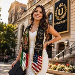 Custom Mexican American Graduation Stole 2026 Virgen de Guadalupe Dual Mexico USA Flags Personalized Name School Black Gold Sash Estola for Latina Hispanic First Gen Graduates Class of 2026