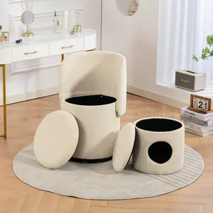 16.53x16.53x27.55 In Upholstered Storage Barrel Vanity Chair - 360° Silent Swivel, Hidden Internal Storage, Multi-Use Round Accent Piece with Bonus Cat Bed Stool for Bedroom, Dining Room (Chair for Vanity)