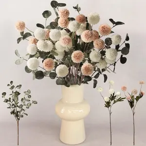 Beige White Faux Kiku Flower 25 Heads+18 Eucalyptus, Long Stem Pom Pom Fake Mums Artificial Flowers for Vase Silk Chrysanthemum for Centerpiece Bouquet Floral Arrangement Tan Nude Neutral Cream