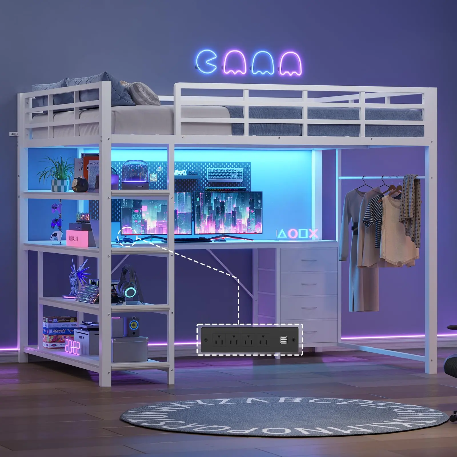 Loft Bed Full Size with L Shape Desk,4 Drawers,3-Tier Storage Bookshelf, Metal Loft Bed Frame with Power Outlet and LED Lighted, No Box Spring Needed,Space-Saving,Noise Free,White ,dorm essentials,home decor