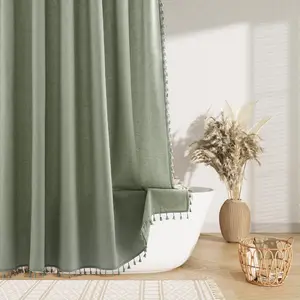 Sage Green Boho Linen Shower Curtain 72 Inch Length Vintage Farmhouse Weighted Tassel Design Green Shower Curtain for Bathroom with Hooks Bohemian Modern Neutral Cottage Style Decor 72x72