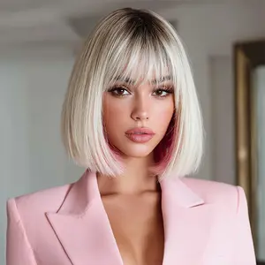 SMILCO/10Inch Highlight Platinum With Pink Curly Straight With Bangs Synthetic Wig/SM541