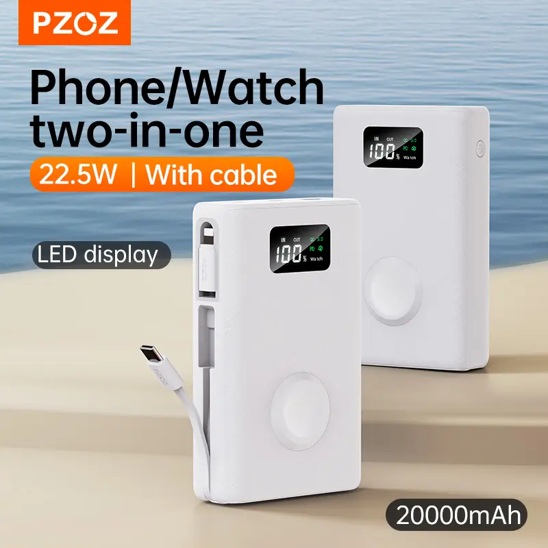 pzoz 20000mAh Portable Power Bank Powerbank with Apple Watch Magnetic Wireless Charger,USB Type C PD Fast Charging Cable Travel High Capacity Compatible iWatch iPhone 17 16 15 (White)