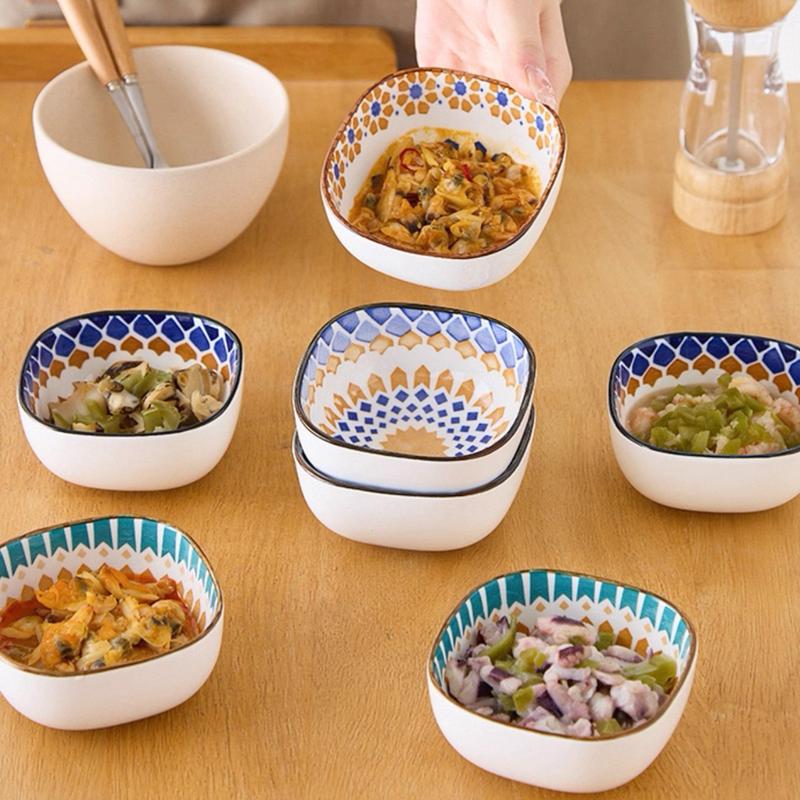 6 Pcs Bohemian-Style Small Ceramic Bowls for Dipping Sauce, Seasonings, Soups, Salads, Cereal, Ice Cream Porcelain Dinnerware, Microwave and Washed Safe