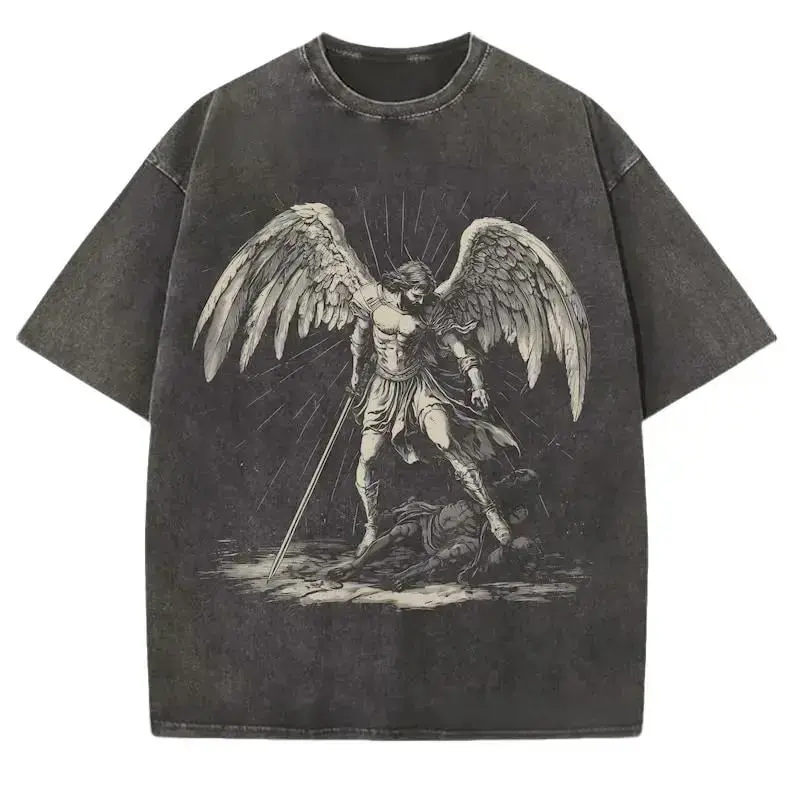 Vintage Archangel Michael Christian Streetwear Graphic Tee Whimsical Design for Men Women Washed Denim Catholic Faith Apparel Soft Comfortable Casual Crewneck Distressed Top Tshirt