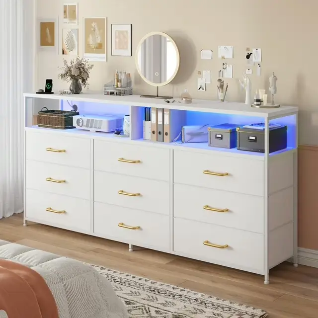 Raybee Furniture 55” W Dresser with 9 Large Fabric Drawers, Power Outlet, LED Lights, 65” TV Stand, Multifunctional Design for Multiple Rooms