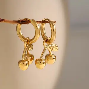 Women's Stainless Steel Cherry Drop Earrings - Lightweight, Hypoallergenic, Tarnish-Free, Modern Geometric Artificial Gemstone Jewelry for Daily Wear (Silver/Golden)