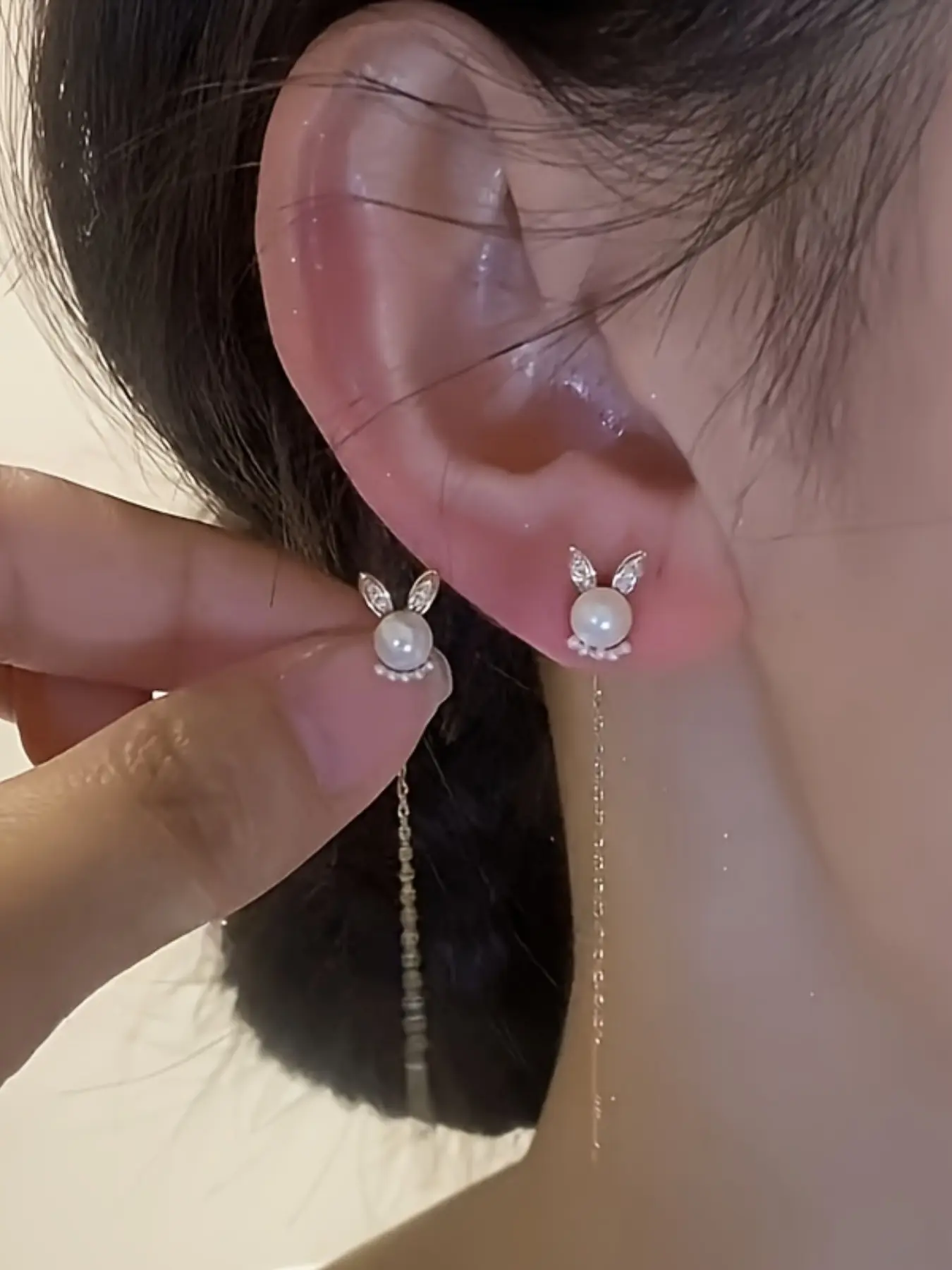 Elegant Cute Kawaii Rabbit Ear Stud Earrings, Artificial Zircon, Casual Style, All Seasons, Unique Gift for Girls