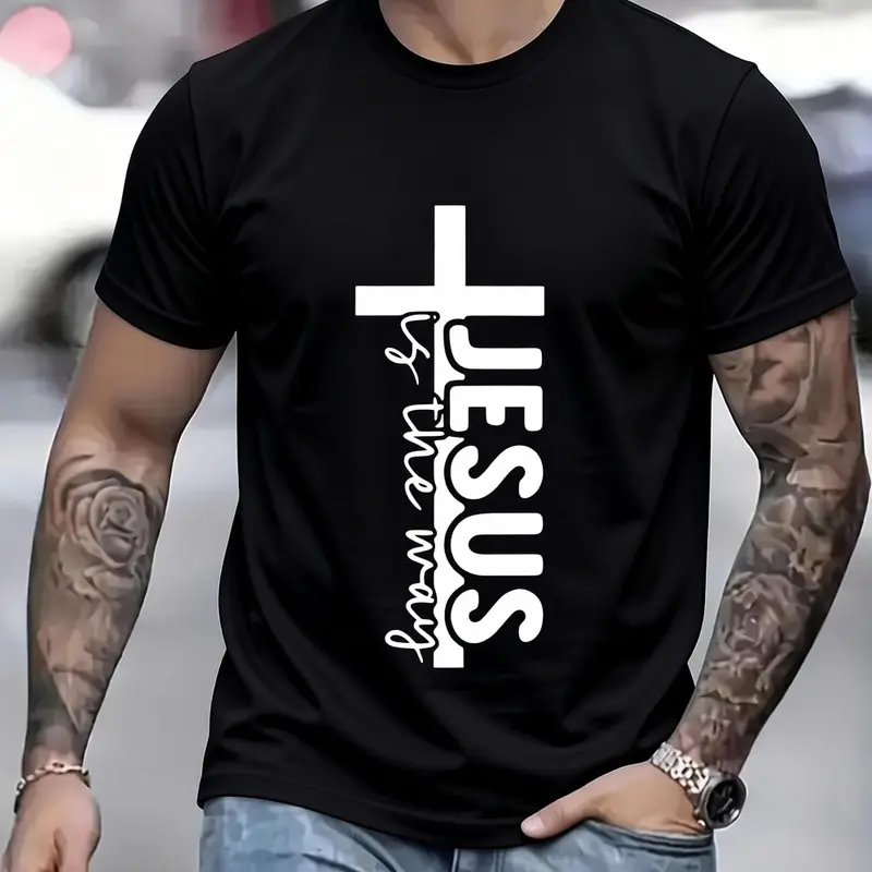Men's Cotton Round Neck Short-Sleeve Graphic Tee, Jesus-Inspired Digital Print Hot Transfer Stickers, Elegant Club-Wear Top