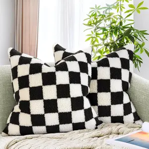 Pack of 2 Decorative Throw Pillow Covers Checkerboard Luxury Soft Faux Fur Wool Set Case Cushion for Couch Sofa Bedroom 18 x 18-Inch Black