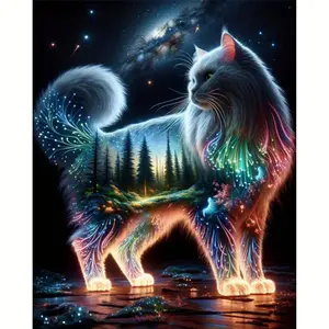 5D Full Drill Cosmic Forest Cat with Glowing Landscape Diamond Painting Kit - Mystical Celestial Charm | DIY Gift for Cat Lover, Birthday & Home Decor | Perfect Wall Art for Living Rooms, Meditation Spaces & Spiritual Nooks, Handmade Gifts