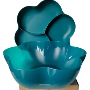 Flower Shape Salad Bowl Teal- Blue Plastic Tableware with Curved Design for Versatile Use