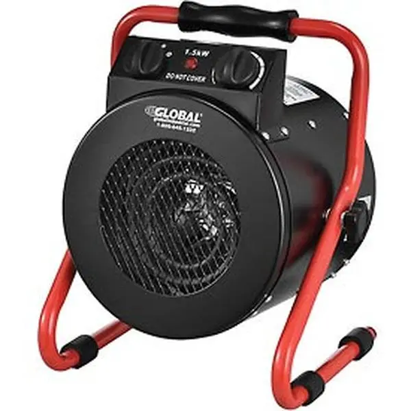 Portable Corded Electric Garage Space Heater - 1500W High Heat, 120V Plug, 11.25in W x 9.5in D x 13.4375in H, Black-Red Steel Body, Tilt Adjustable, Compact Industrial, Ergonomic Unit Handling, Adjustable Heat/Fan Mode with Cooling Fan Function