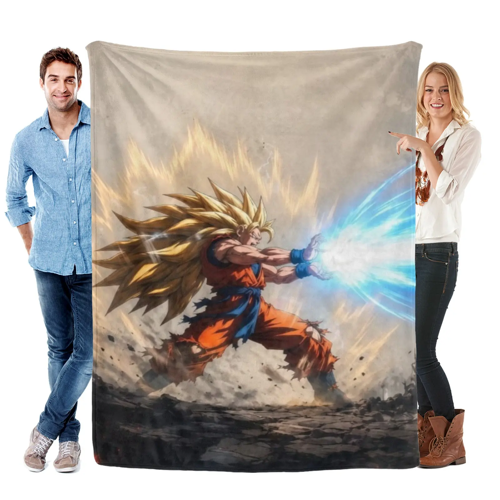 [Summervibes] Ss3 Goku Kamehameha Portrait Blanket, Plush Flannel, Dragon Ball Bedding For Boys Room Decoration