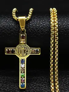 Catholic Jesus Cross Stainless Steel Necklace, Cuban Link Chain, Fashion Jewelry Accessories for Men & Women, 2025 New Style Necklace for Daily Use, Religious Necklace, Faith Necklace, Cross Design