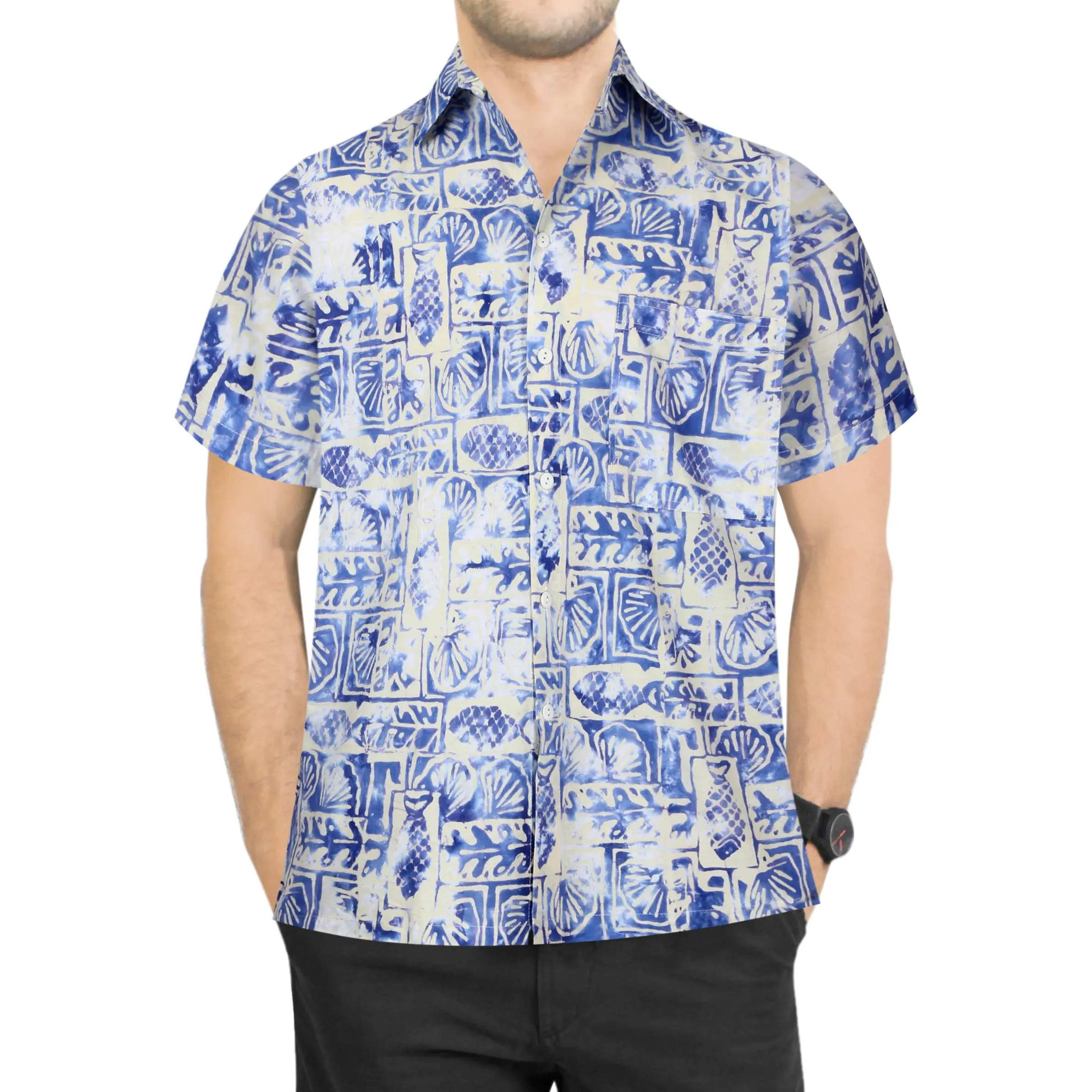 LA LEELA Mens Hawaiian Shirts Short Sleeve Button Down Shirt Men's Holiday Shirts Beach Casual Aloha Tropical Shirts for Men Funny M Aztec Royal Blue