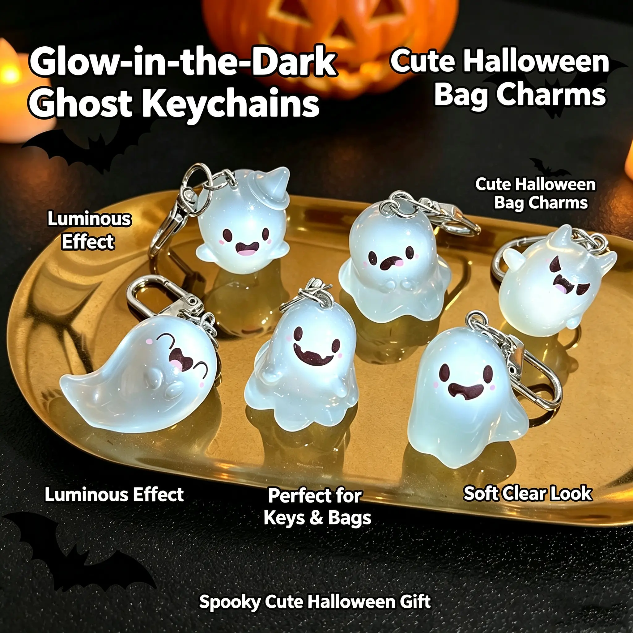 6Pcs Glow In The Dark Ghost Keychains, Cute Kawaii Halloween Luminous Resin Bag Charms, Spooky Cartoon Ghost Key Rings Backpack Pendants Halloween Party Gift