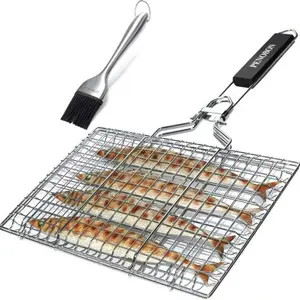 Fish Grilling Basket, Folding Portable Stainless Steel BBQ Grill Basket For Fish Vegetables Shrimp With Removable Handle