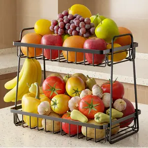 Square 2 Tier Fruit Basket Stand, Metal Wire Double Layer Fruit and Vegetable Storage Rack with Iron Spray Coating, Space Saving Countertop Organizer in Black Silver Brown for Fruits Snacks Bread Produce Kitchen Home Storage Solution