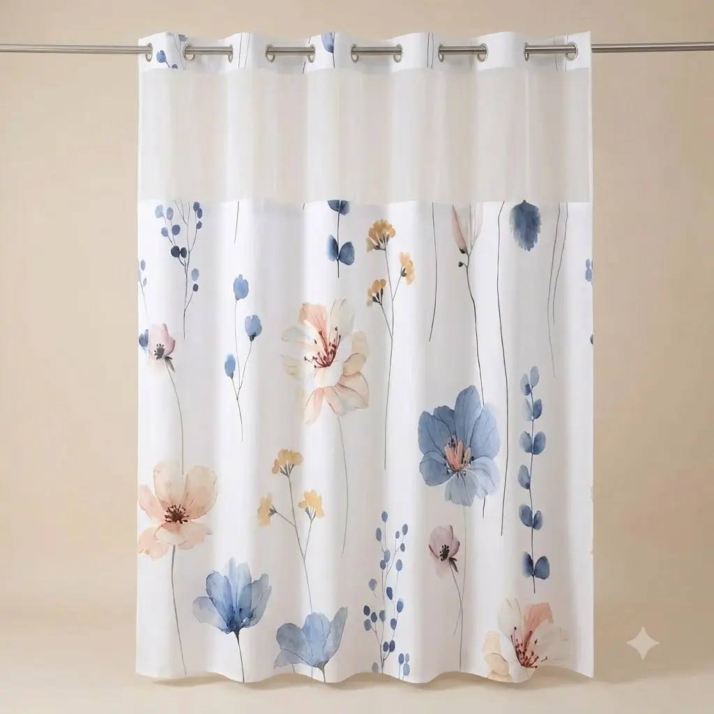 72x75 Inch No Hook Shower  with Liner, Watercolor Floral Country Style Fabric Bath  with Mesh Window