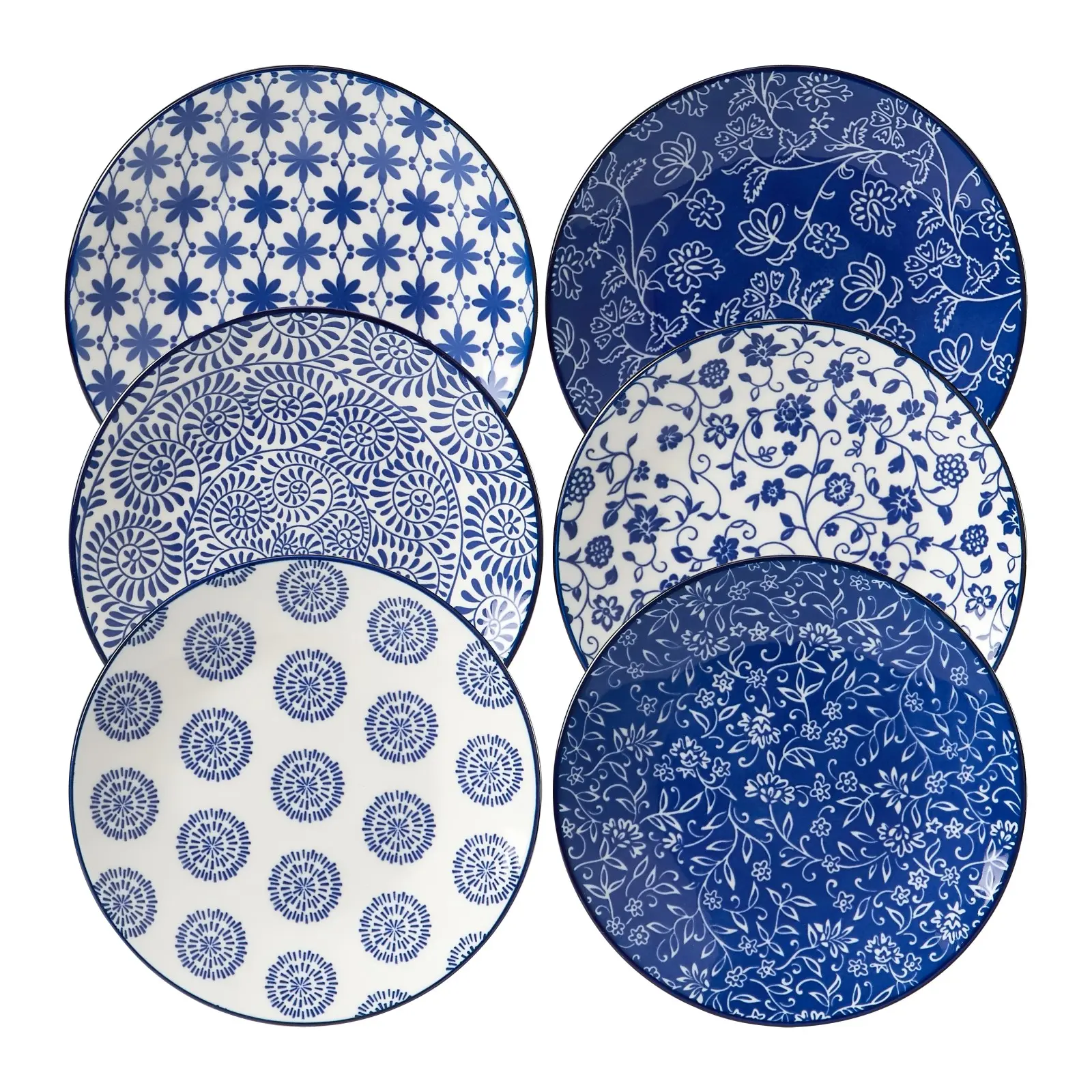 ONEMORE 6-Piece 8-Inch Blue & White Floral Porcelain Plates, Lead-Free Stackable Ceramic Dinnerware, Microwave & Dishwasher Safe Kitchen Plates, Ideal for Christmas, Thanksgiving