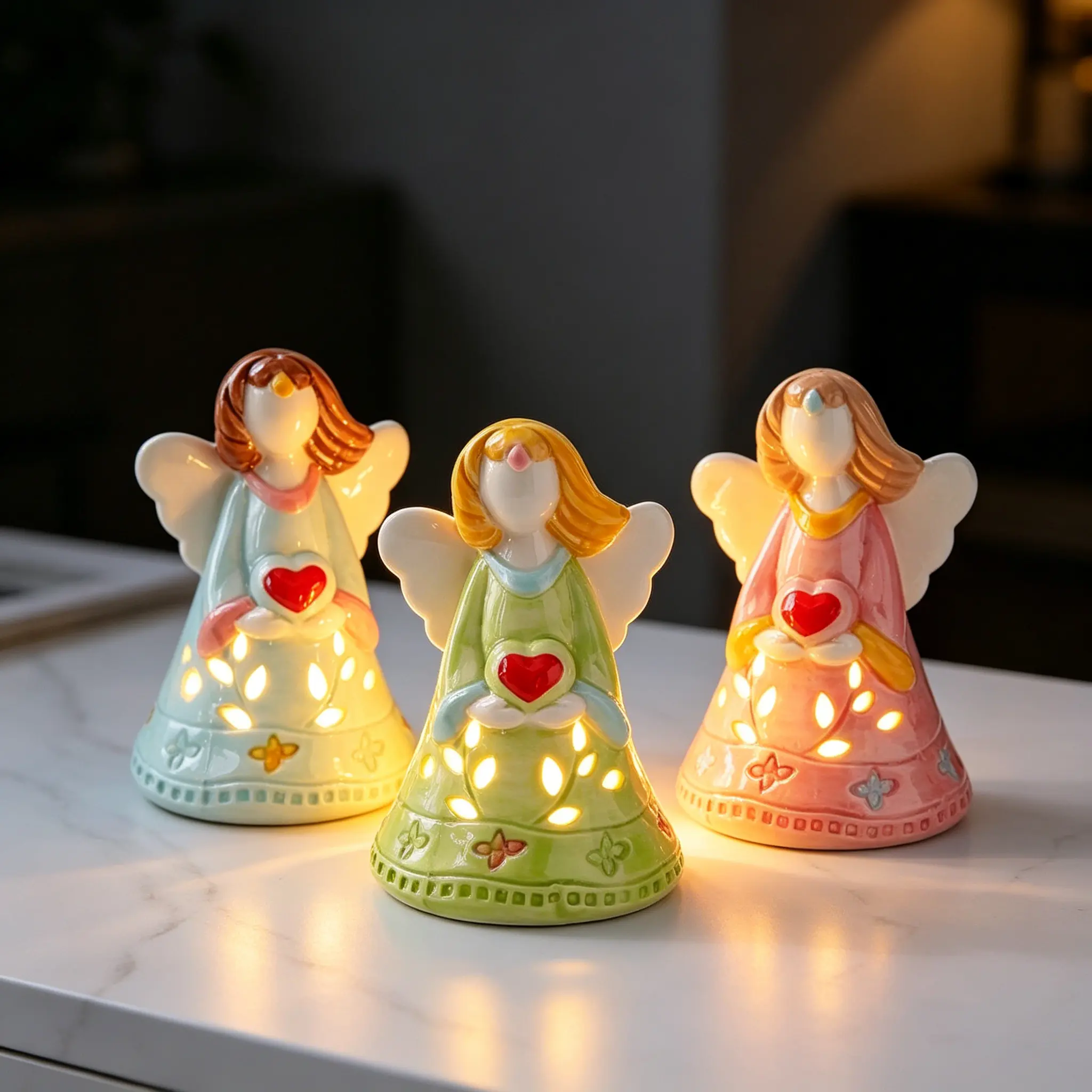 Love Angel Ceramic Night Light - Hollow Guardian Angel LED Warm Light Desktop Home Decor Statue