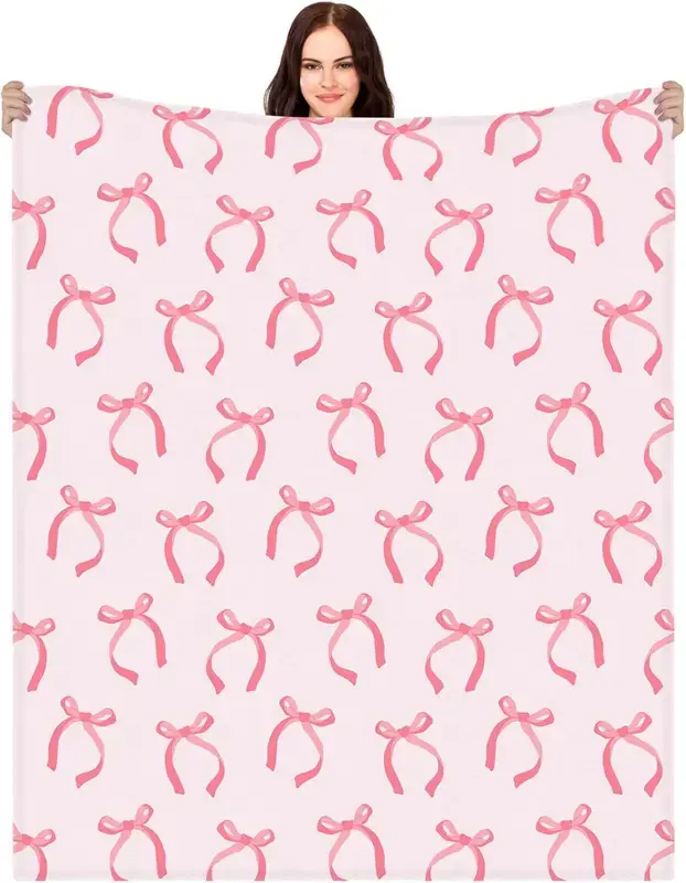 Pink Bow Ribbon Seamless Pattern On Light Pink Background Print Flannel Throw Blanket Coquette Girly Aesthetic Soft Cozy Blanket Perfect Gift for Sofa Bed Couch Living Room Home Decor