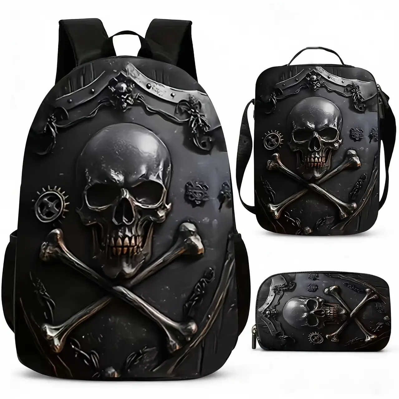 Gothic Skull Crossbones 3PCS Backpack Set, Cool Steampunk Style School Backpack with Lunch Box & Pencil Case, Lightweight Durable Daypack for Boys Teens, Ideal Gothic School Supplies Gift