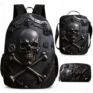 Gothic Skull Crossbones 3PCS Backpack Set, Cool Steampunk Style School Backpack with Lunch Box & Pencil Case, Lightweight Durable Daypack for Boys Teens, Ideal Gothic School Supplies Gift
